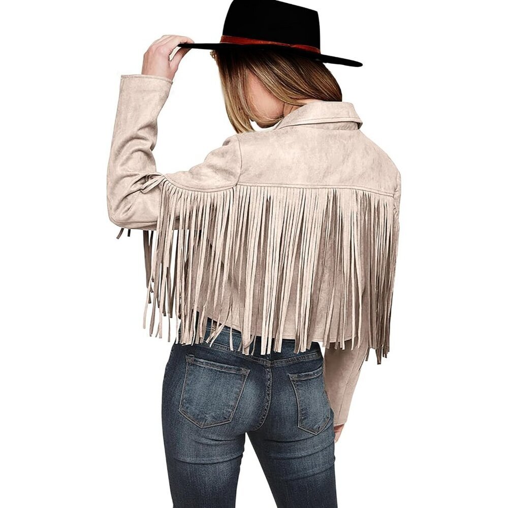 Women's Beige Fringe Faux Suede Leather Jackets Fall Fashion Tassel Motorcycle